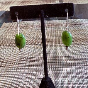 New Jade Serpentine Elongated Oval Dangling Earrings with French Ear Wire.